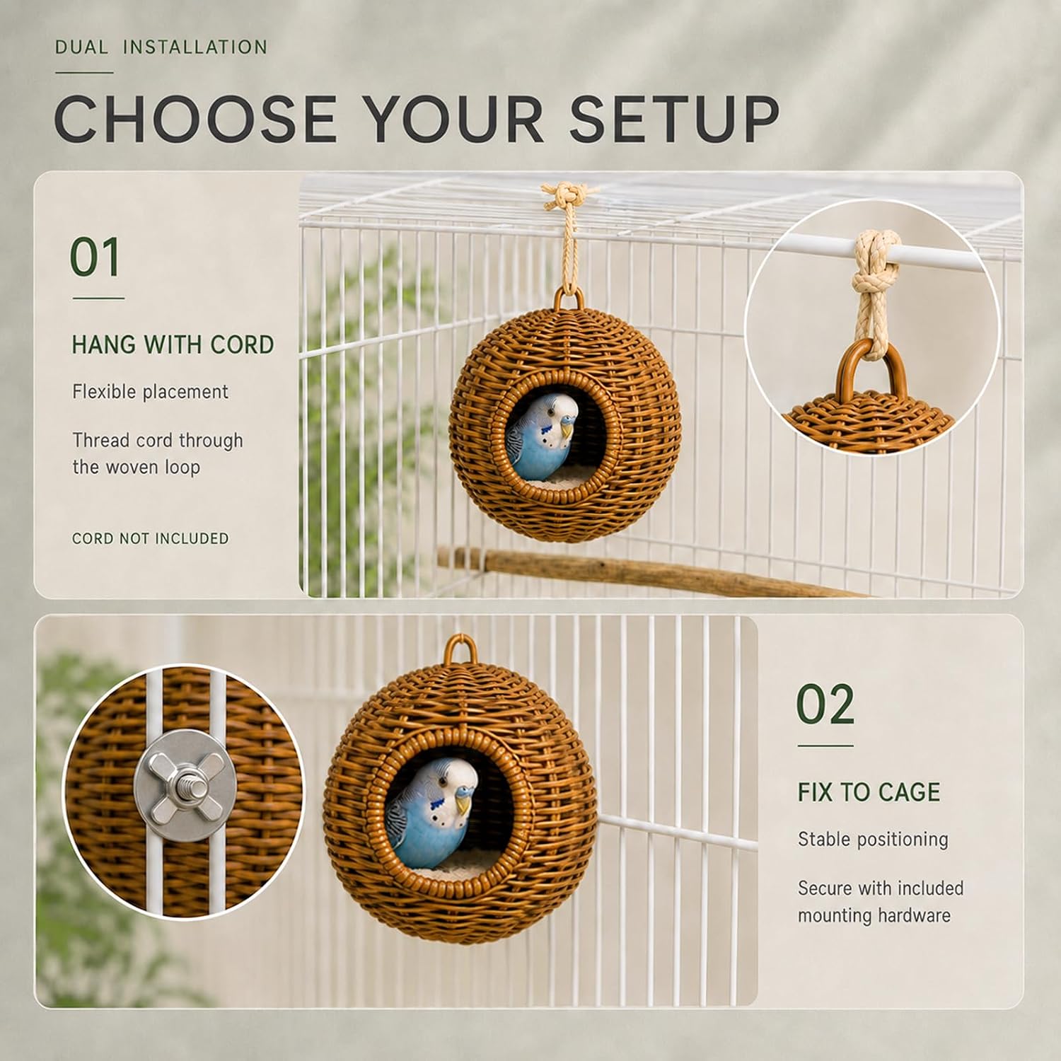 Wicker Bird Nest Hideaway for Cage, Natural Woven Hanging Bird House with Removable Plush Liner, Cozy Sleeping Shelter for Parakeet, Lovebird, Canary, Budgie and Small Birds