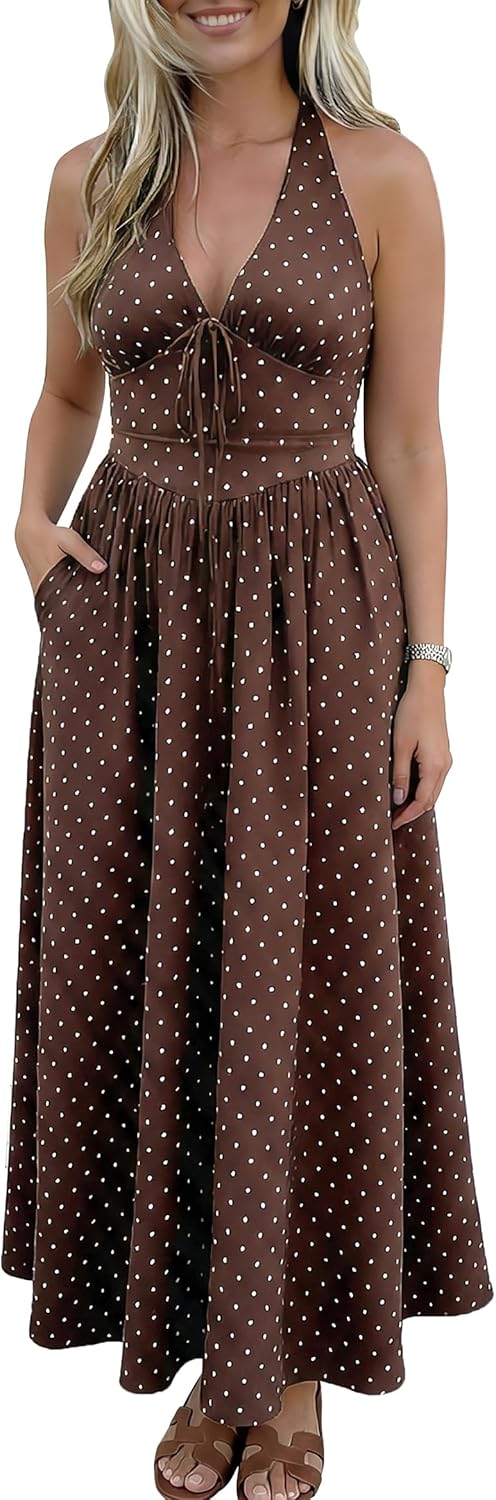 Womens Polka Dot Dress 2026 Spring Summer Halter Cocktail V Neck Maxi Smocked Casaul Long Dresses with Pockets