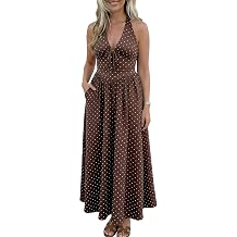 Womens Polka Dot Dress 2026 Summer Halter Cocktail V Neck Maxi Smocked Casaul Long Dresses with Pockets