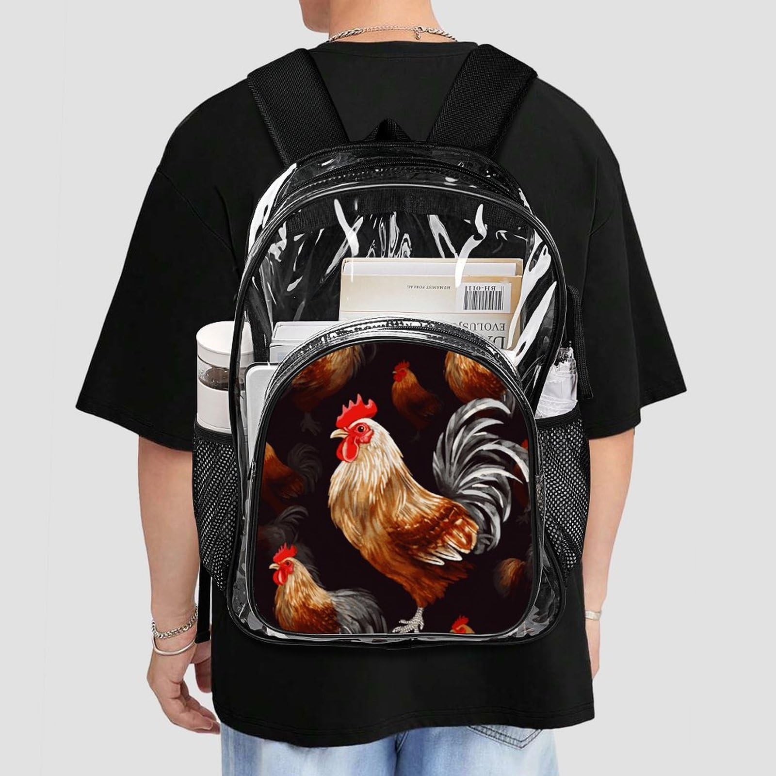 Shine Rooster transparenter Rucksack, groß, transparent, PVC, Büchertasche für Sicherheit, Arbeit, Reisen, Stadion