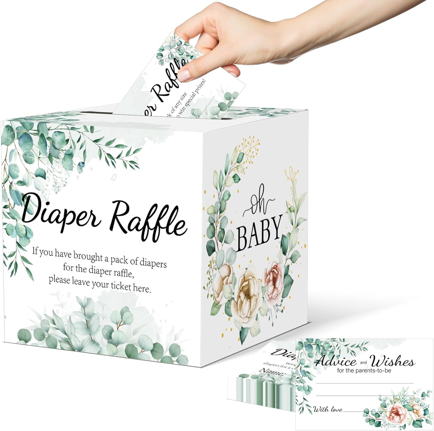 Baby Shower Games, Greenery Diaper Raffle Box, 50 PCS Diaper Raffle Tickets Card Box with Advice and Wishes for the Parents-to-be, Baby Shower Decorations, Diaper Raffle Sign