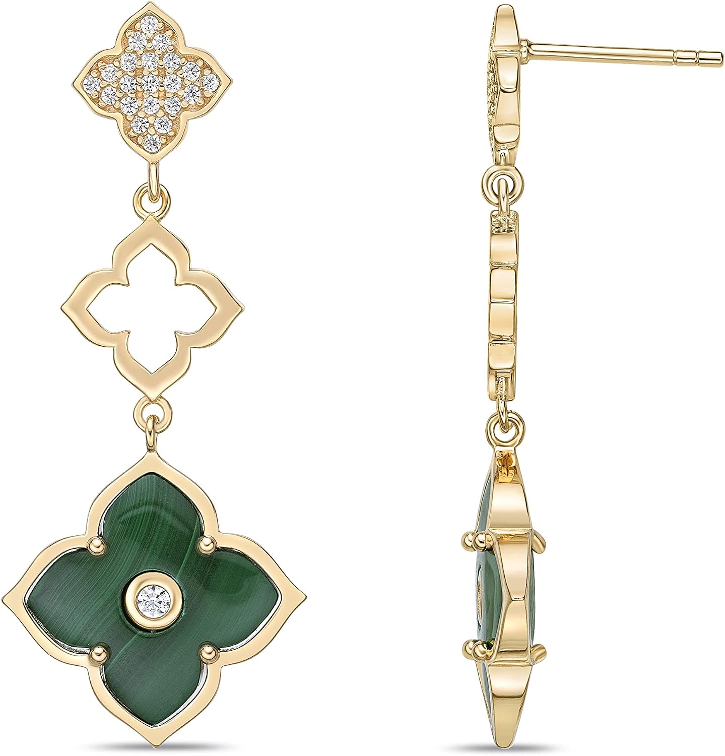 Mother of Pearl, Onyx, Malachite, Lapis Lazuli and Cubic Zirconia Three Flower Drop Dangle Earrings for Women I Gold Plated 925 Sterling Silver Earrings for Her I Push Back by Lavari Jewelers
