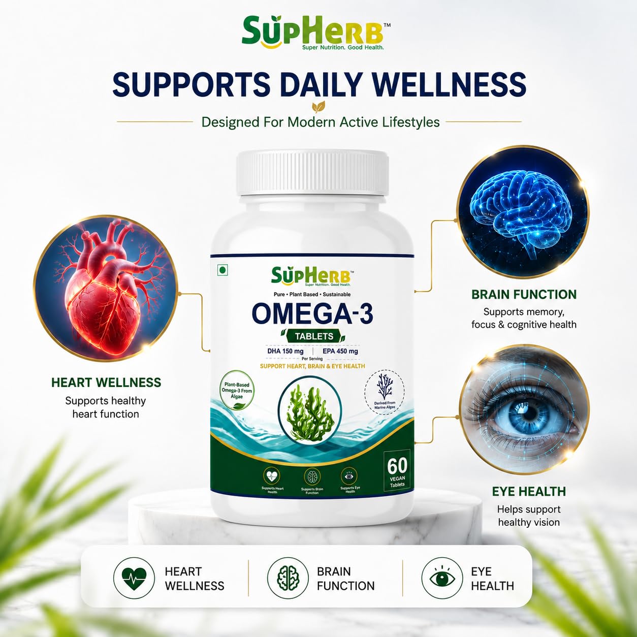 SupHerb Omega-3 Vegan Tablets – Plant Based Omega 3 from Marine Algae, DHA 150mg & EPA 450mg, Supports Heart, Brain & Eye Health, Sustainable Fish Oil Alternative, Soy Free & Gluten Free, 60 Vegan Tablets — Amazon image 6