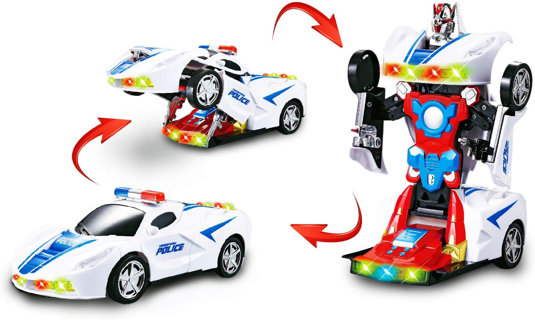 INTEGEAR 2 in 1 Robot Transform Police Toy Car with LED Lights and Sound for Kids (Bump and Go)