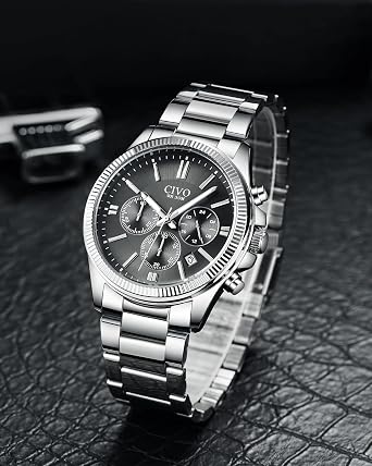 CIVO Watches Men Stainless Steel: Chronograph Quartz Waterproof Date Dress | Stylish Analog Large Face Wrist Watch with Luminous Hands for Business Men Daily Wear Casual - Gift for Father Husband