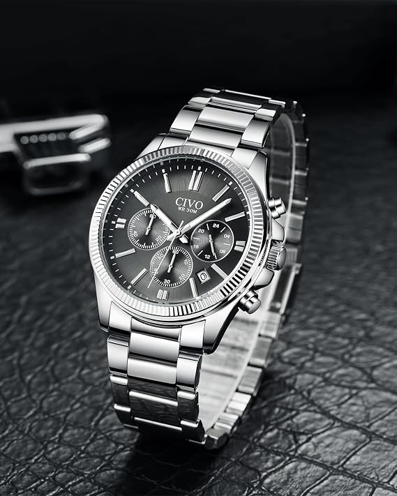 CIVO Watches Men Stainless Steel: Chronograph Quartz Waterproof Date Dress | Stylish Analog Large Face Wrist Watch with Luminous Hands for Business Men Daily Wear Casual - Gift for Father Husband