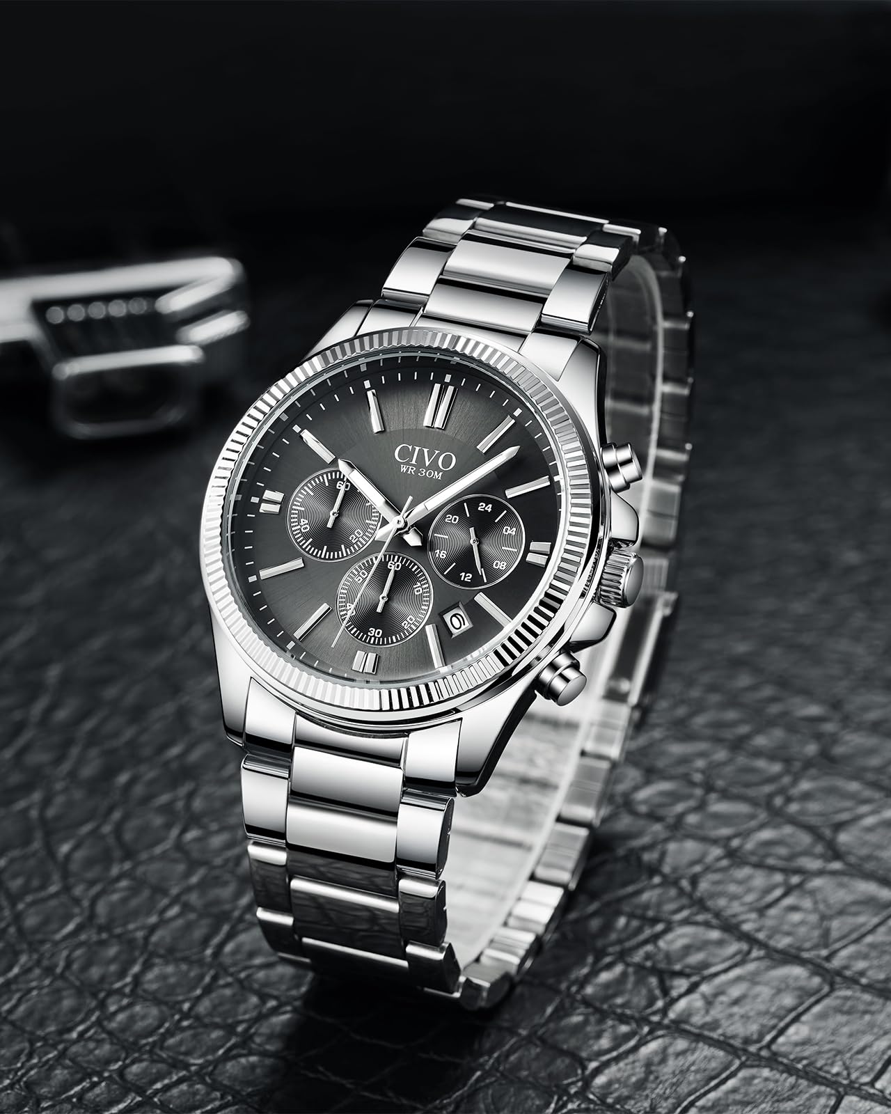 CIVO Montre Homme Chronographe Acier: Etanche Analogique Grand Cadran Date | Montre Bracelet avec Aiguilles Lumineuses pour le Quotidien Casual Affaires - Cadeau pour Lui Père Mari Noël Anniversaire