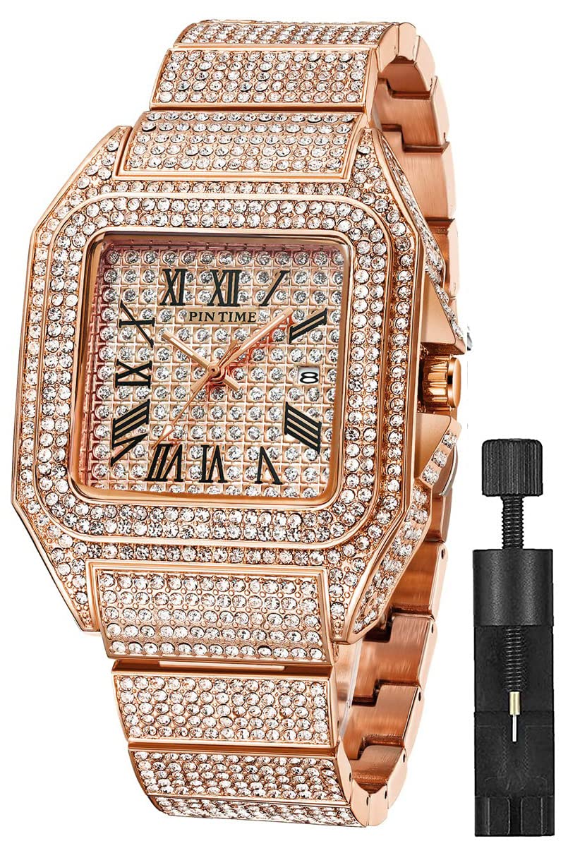 Fashion Hip Hop Mens Crystal Watch Bling Bling Iced Out Watch Rectangle Case Stainless Steel Quartz Analog Bracelet Wristwatch, Rose Gold (B09TX9N4SV) Amazon Price History, Amazon Price Tracker