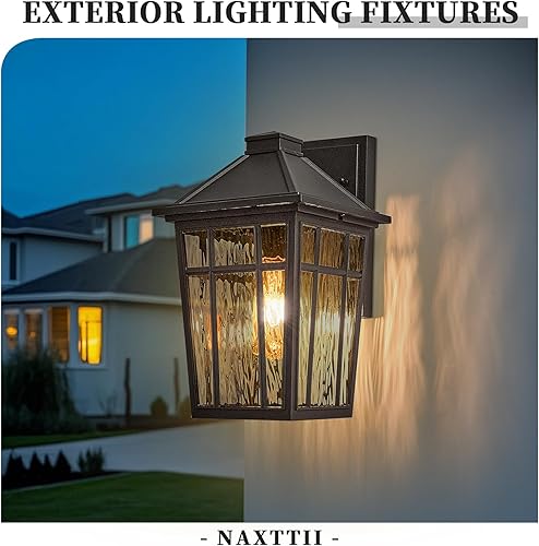 Miniatura 2 de Luces de pared para exteriores, luces exteriores de 11 pulgadas para casa, luz frontal de aluminio negro con vidrio ondulado de agua para porche,