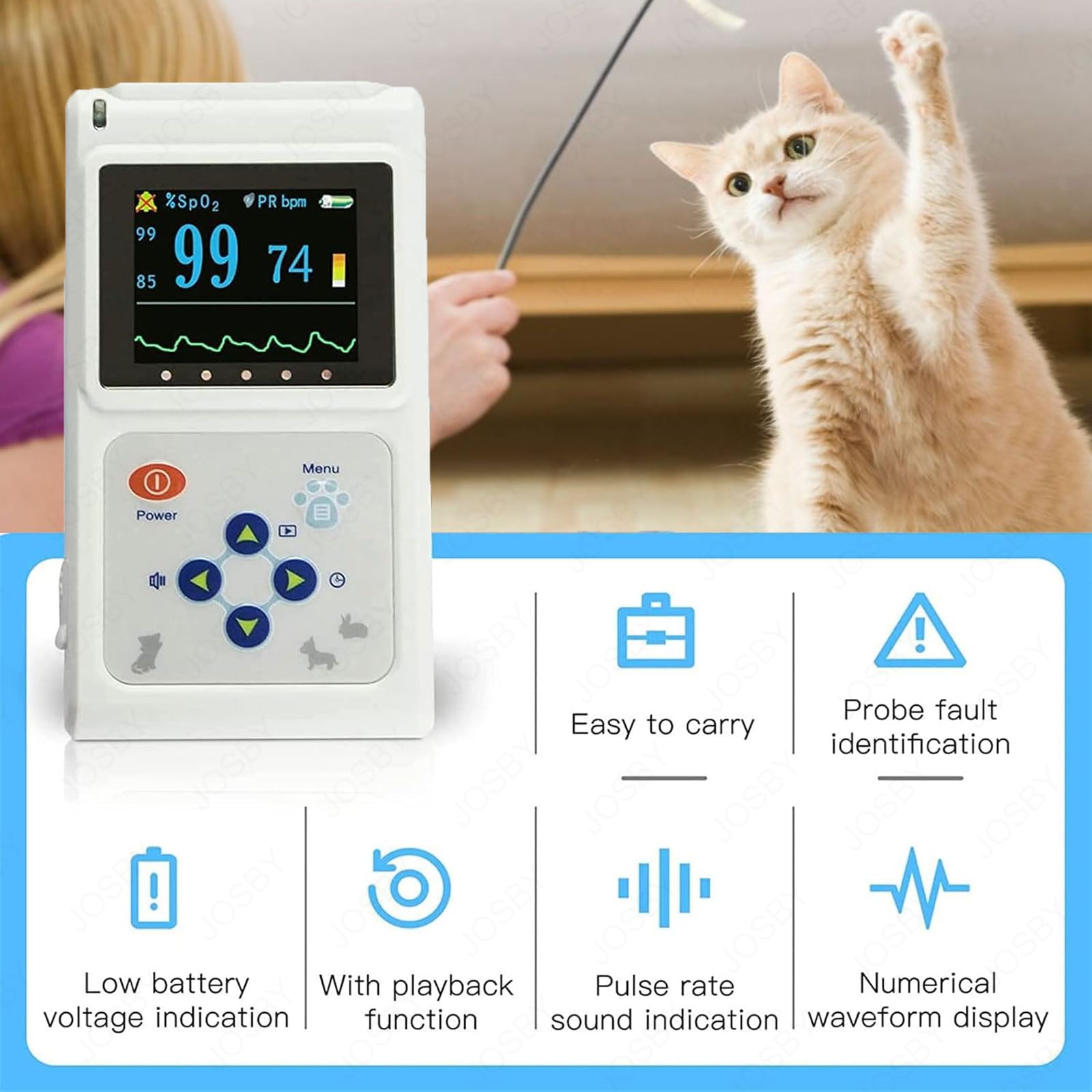 JOSBY Ossimetro Veterinario Portatile, 30 BPM~250 BPM Monitor della frequenza cardiaca degli Animali, con sonda e Cavo USB, sensore SPO2 Orecchio/Lingua, per Famiglia, Ospedale per Animali Domestici