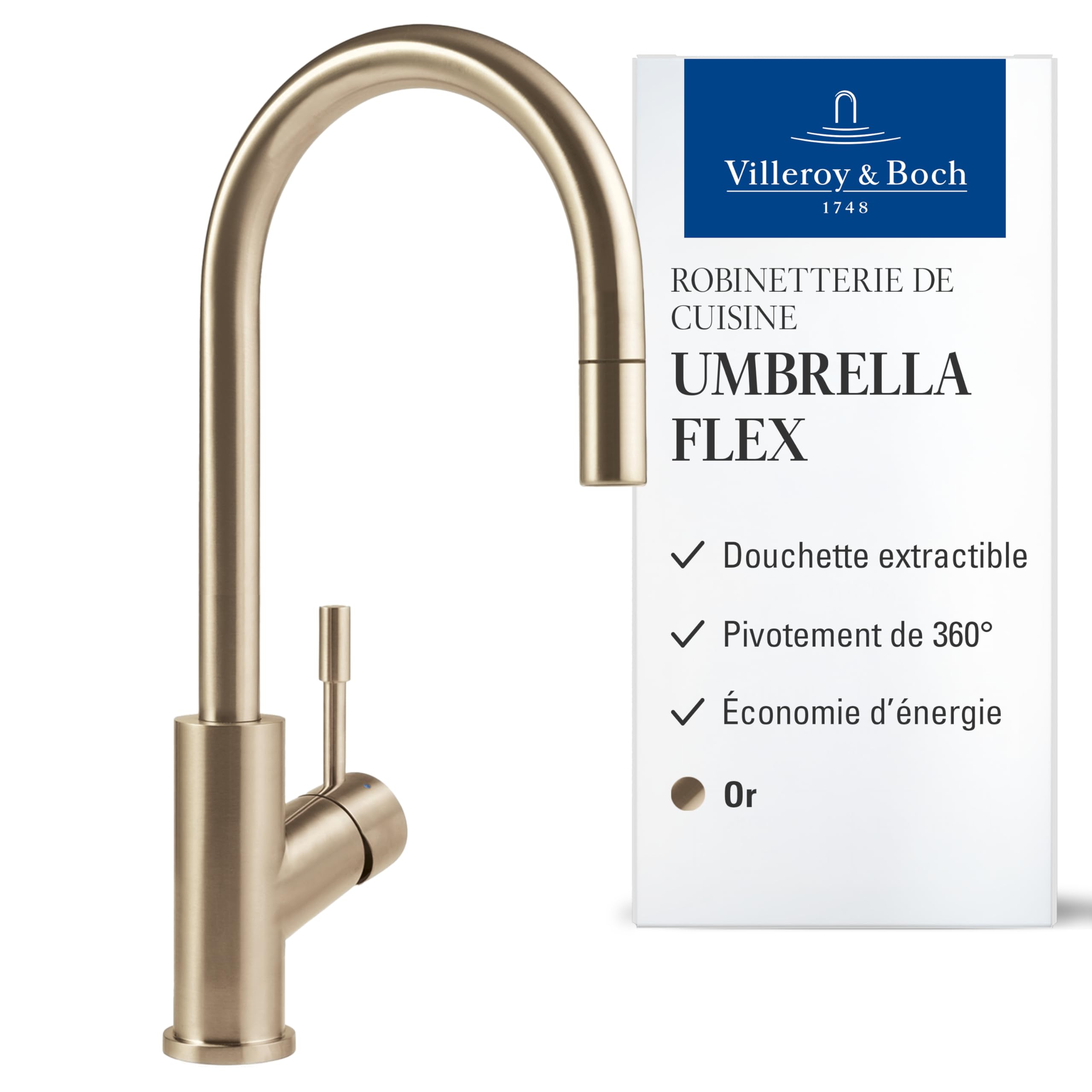 Robinetterie Villeroy & Boch Umbrella Flex, haute pression, robinet avec douchette extractible et rotation 360°, robinetterie économique, bec 220 mm, gold