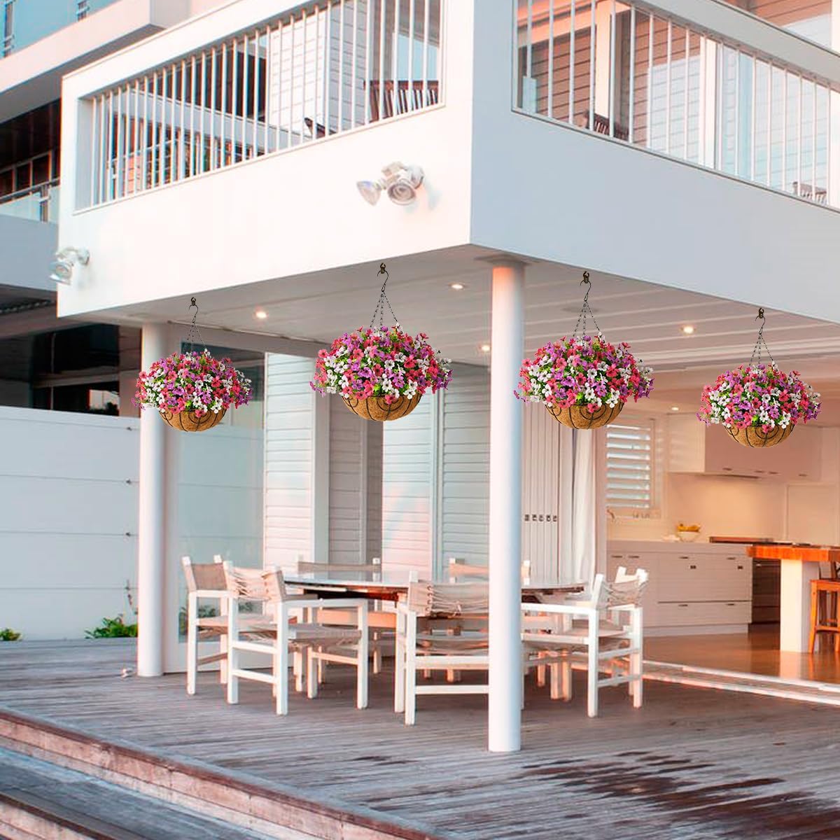 Artificial Faux Hanging Plants Flowers Basket for Outdoor Spring Summer Decoration,Fake Silk Daisy in Planter Realistic UV Resistant for Outside Home Porch Patio Balcony Yard(Purple White Rose)