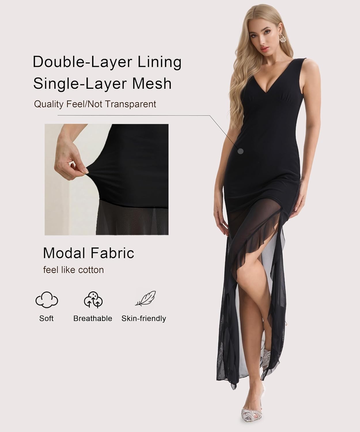 Deep V Neck Sleeveless Dress Mesh Ruffle Bodycon Maxi Dress for Women Double Lined Cocktail Party Dress - Image 4