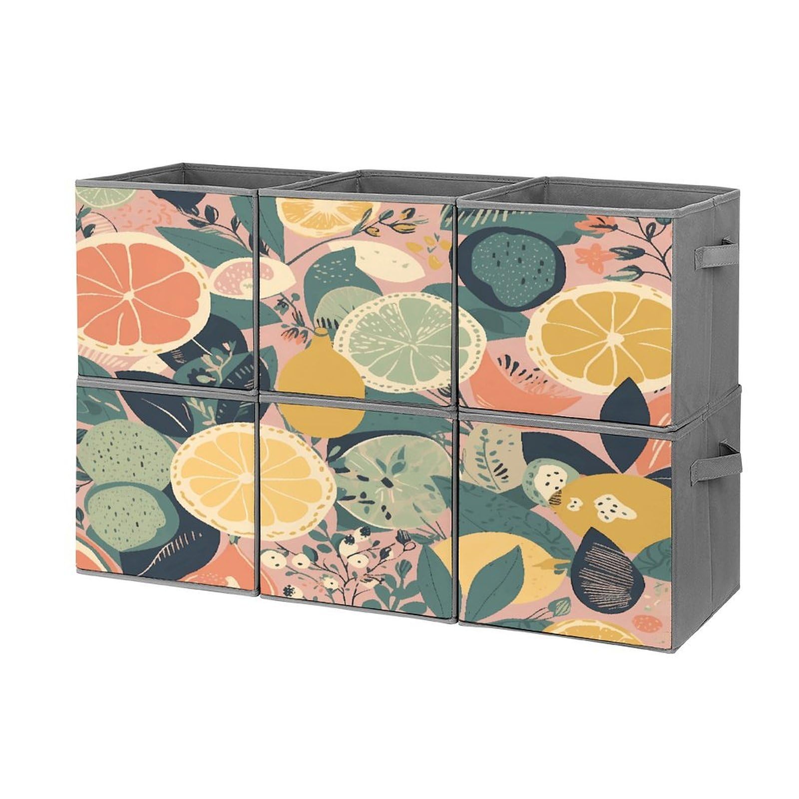 Fekiloot Style Fruit Pattern Storage Bin For Foldable And Handles,Closet Organizer Of 6-Pack Stackable,Storage Box For Living,Room, Office,Bedroom,Closet