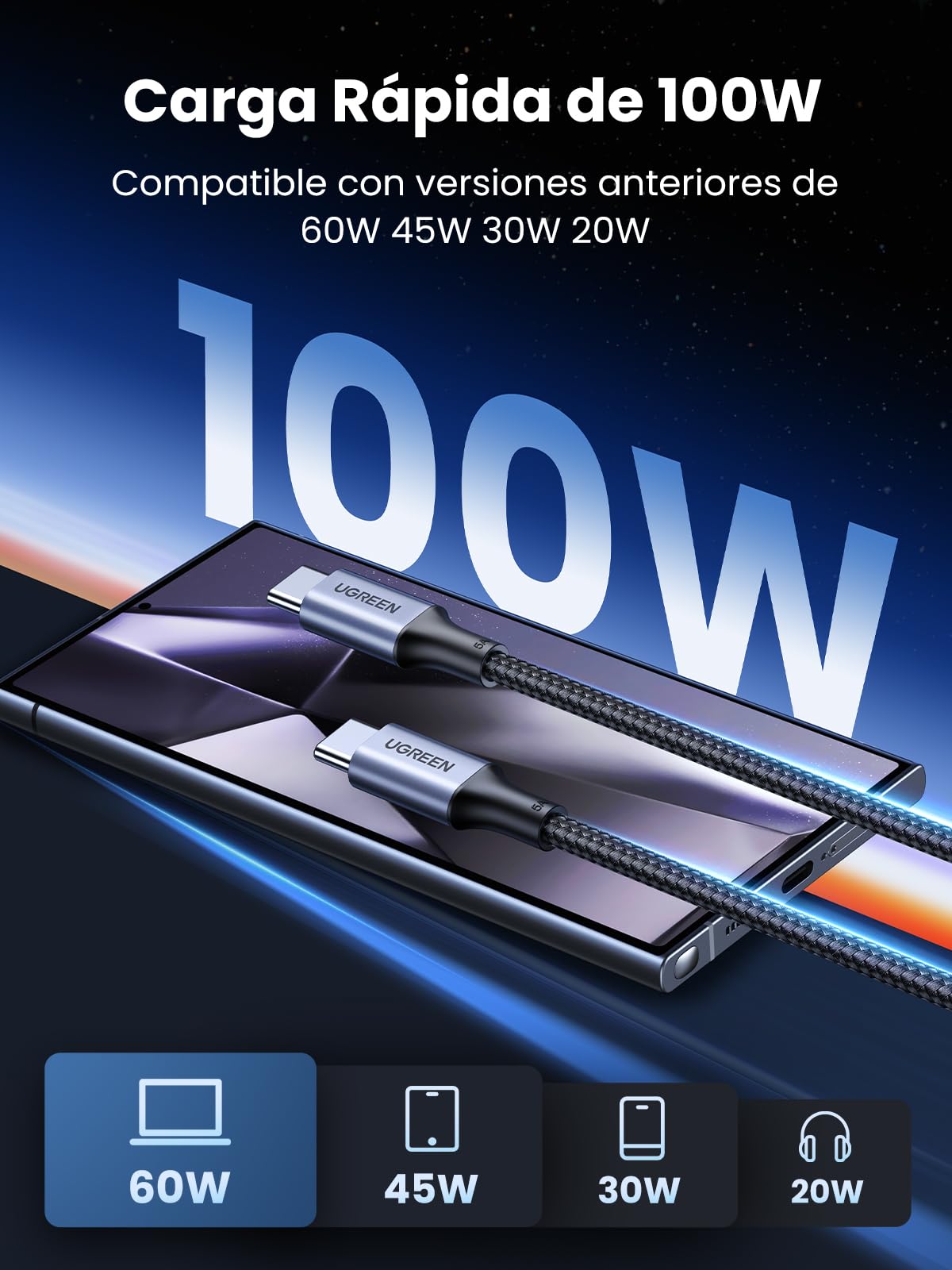 UGREEN 2Pack Cable USB C Carga Rápida PD 3.0 100W,Tipo C Compatible con MacBook Air,iPad iPhone 17 Pro Max Air/16/15 Plus Pro MAX, Galaxy S26 S25 Ultra S24 S23, Pixel 10/9/8, etc. 1M