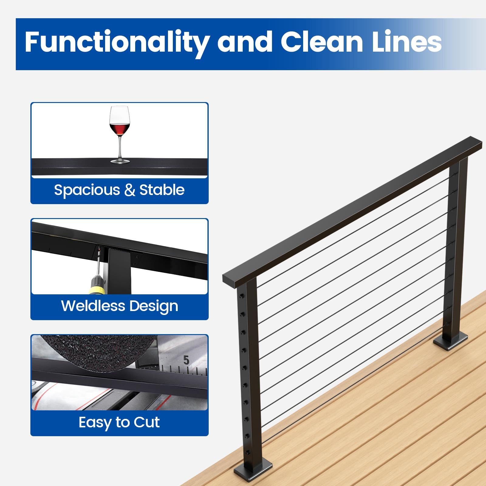 Snapklik.com : Muzata 4FT Black Cable Railing Handrail Rectangular ...