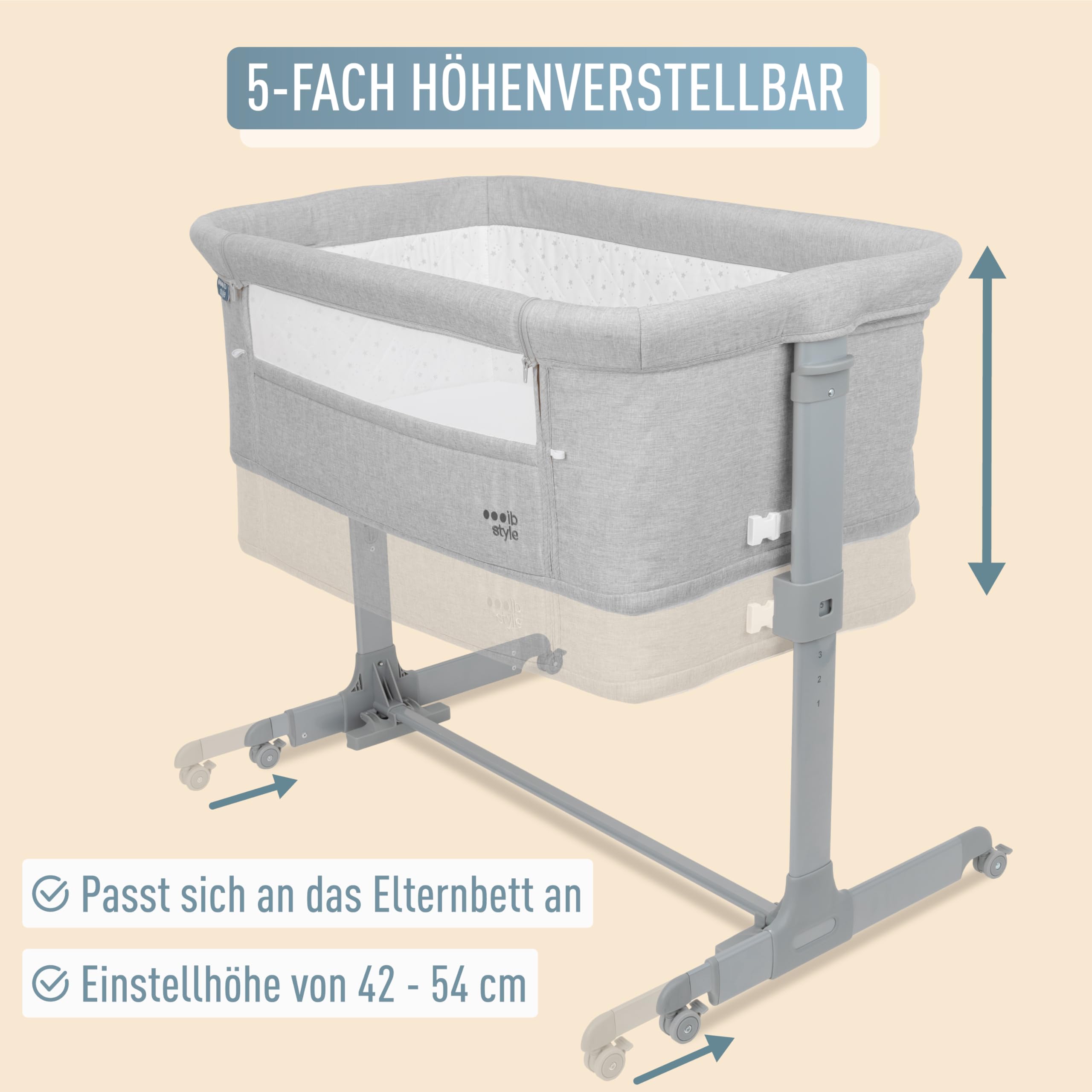 ib style Aluna 3in1 Beistellbett, Babybett, Zustellbett, weiche Matratze, 5-Fach Höhenverstellbar, Reisebett mit Tasche, Kinderbett mit Rollen, Wiege, für Zuhause und Unterwegs - Hell Grau