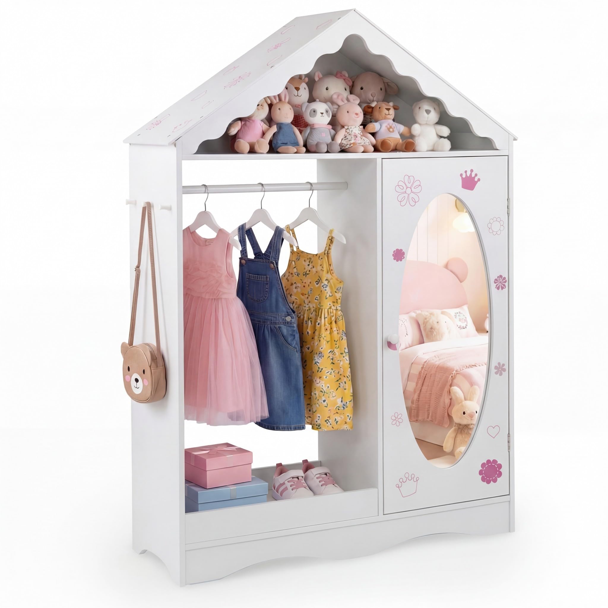 RELAX4LIFE Kinder Kleiderschrank, Kindergarderobe mit Spiegel, Kinderschrank in Hausform mit Kleiderstange, Ablagefächer & Haken, Kleiderständer für Kinderzimmer, für Mädchen ab 3 Jahren (Weiß)