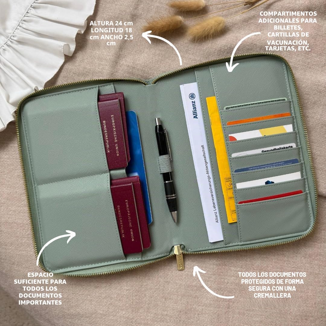 Organizador de Documentos de Viaje Familiar 3 en 1, portadocumentos y Porta pasaportes, Gran Capacidad para Documentos Importantes y Papeles, Polipiel Efecto Saffiano (Topo)