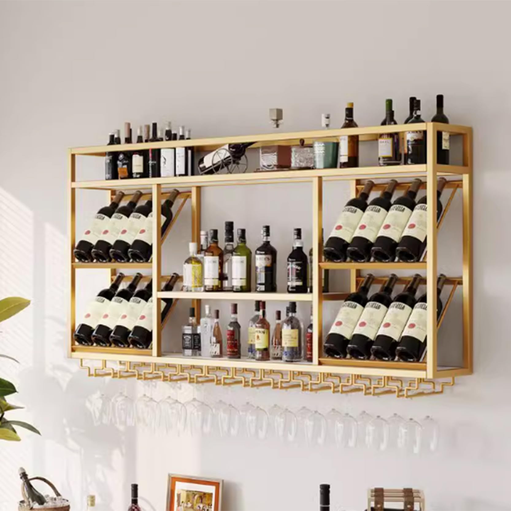 Étagère à vin murale gain de place 120x25x70 cm avec porte-verre d