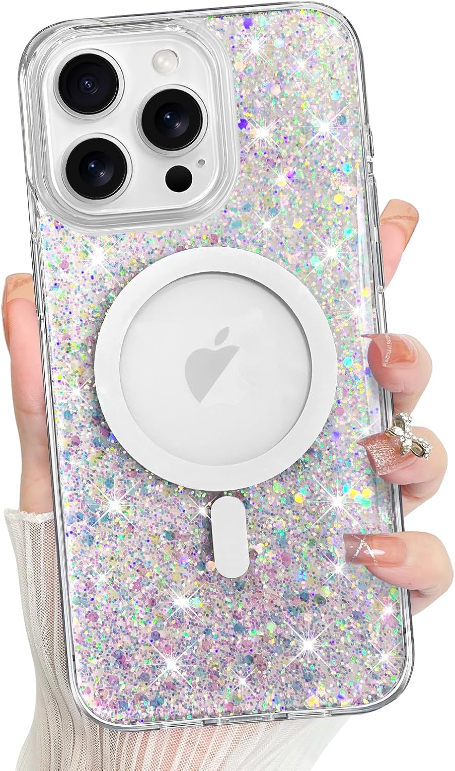 Bonoma for iPhone 16 Pro Max Case Sparkly Glitter Bling Back, Magnetic Support for MagSafe Shockproof, Crystal and Clear High-Duty Protection for Girls Women-Sparkly Glitter