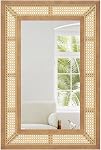 Tangkula Rattan Wall Mirror, Bohemian Rectangular Wall Mounted Decorative Mirror w/Wooden Frame, Farmhouse Hanging Mirror for Bathroom, Living Room, Bedroom, Entryway