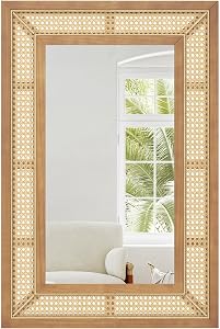 Tangkula Rattan Wall Mirror, Bohemian Rectangular Wall Mounted Decorative Mirror w/Wooden Frame, Farmhouse Hanging Mirror for Bathroom, Living Room, Bedroom, Entryway