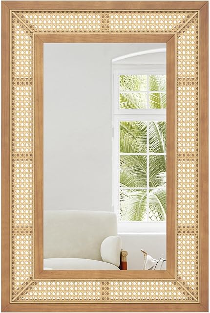 Tangkula Rattan Wall Mirror, Bohemian Rectangular Wall Mounted Decorative Mirror w/Wooden Frame, Farmhouse Hanging Mirror for Bathroom, Living Room, Bedroom, Entryway