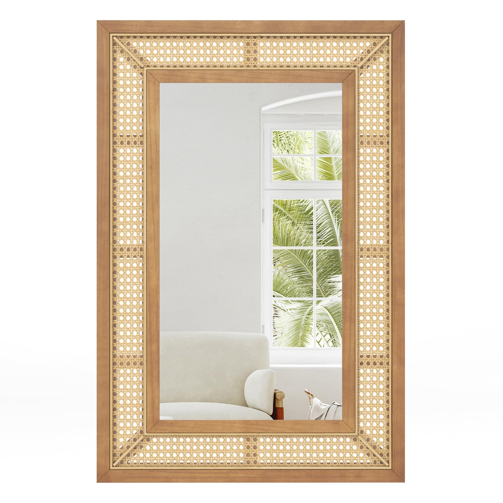 GOPLUS Espejo de Pared de Ratán, Espejo Colgante Rectángulo, Vidrio de Aluminio, Decorativo Rústico para Sala, Dormitorio, Entrada, Baño, Instalación Fácil, Natural, 90 x 60 cm