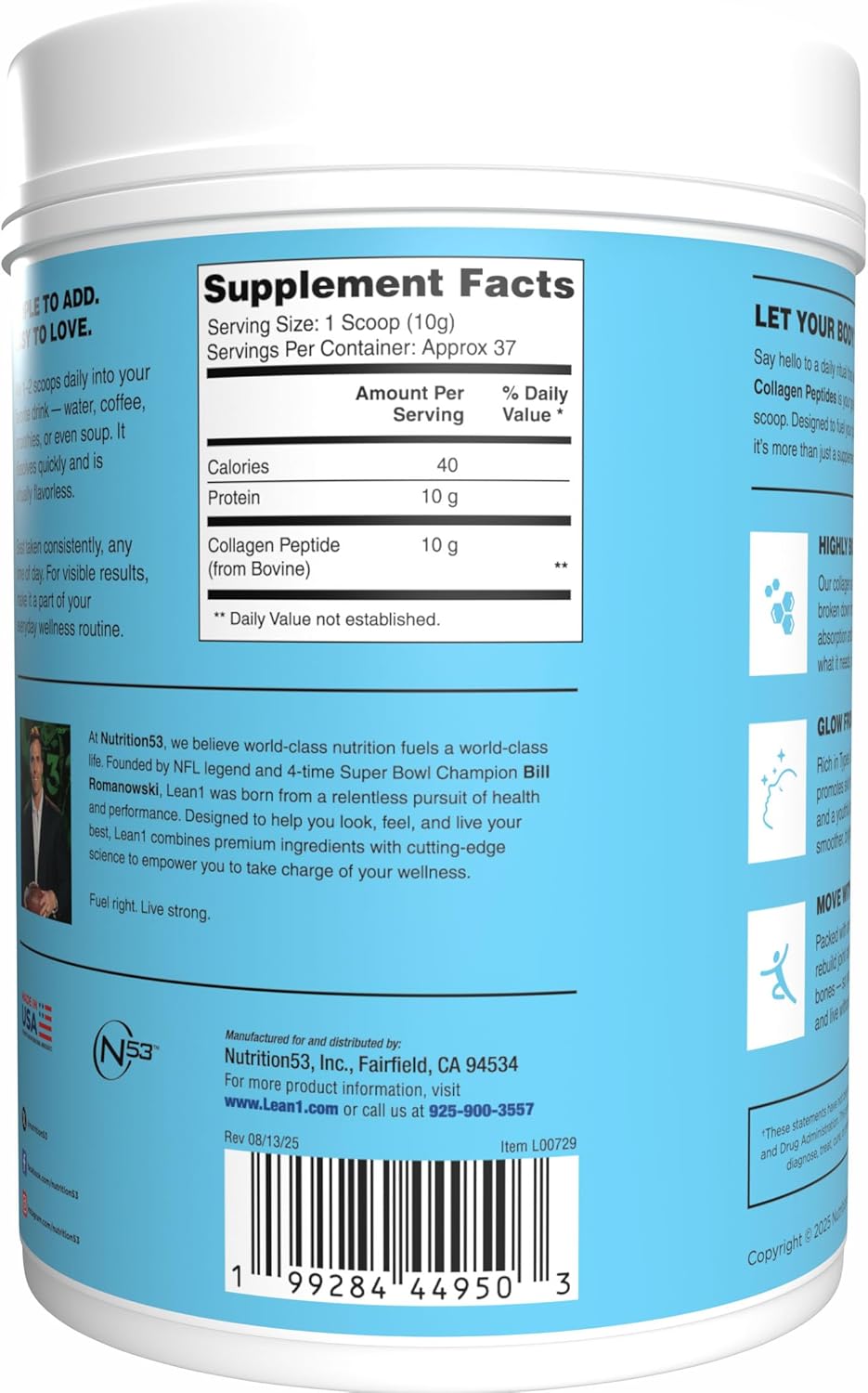 N53 Lean1 Hydrolyzed Collagen Peptides, 37 Servings, unflavored - Image 3