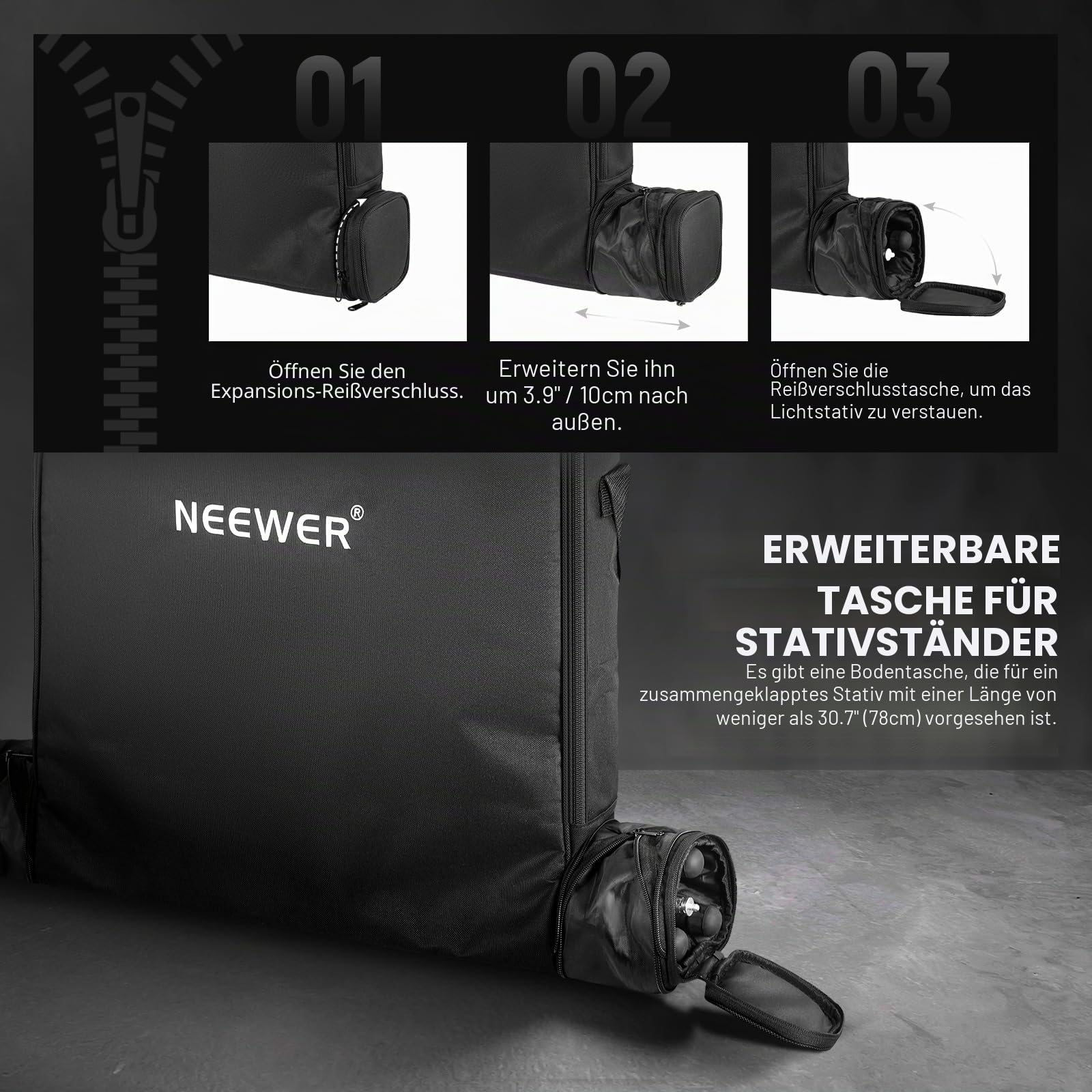 NEEWER 18" Ringlicht Tragetasche mit separater Aufbewahrungstasche, erweiterbar für 78cm gefaltetes Lichtstativstativ, 60cm x 58cm, leichte Nylon Schutztasche für Ringlicht mit Ständer, RU-009