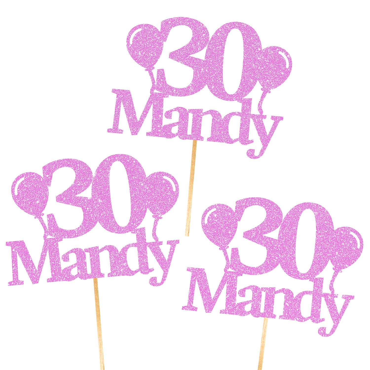 6X Personalised, Double Sided, Handmade Happy Birthday Glitter Cupcake Toppers by Cakeshop | Custom Colour Any Name & Age Balloons 480gsm Glitter Cupcake Decorations | Baby Pink