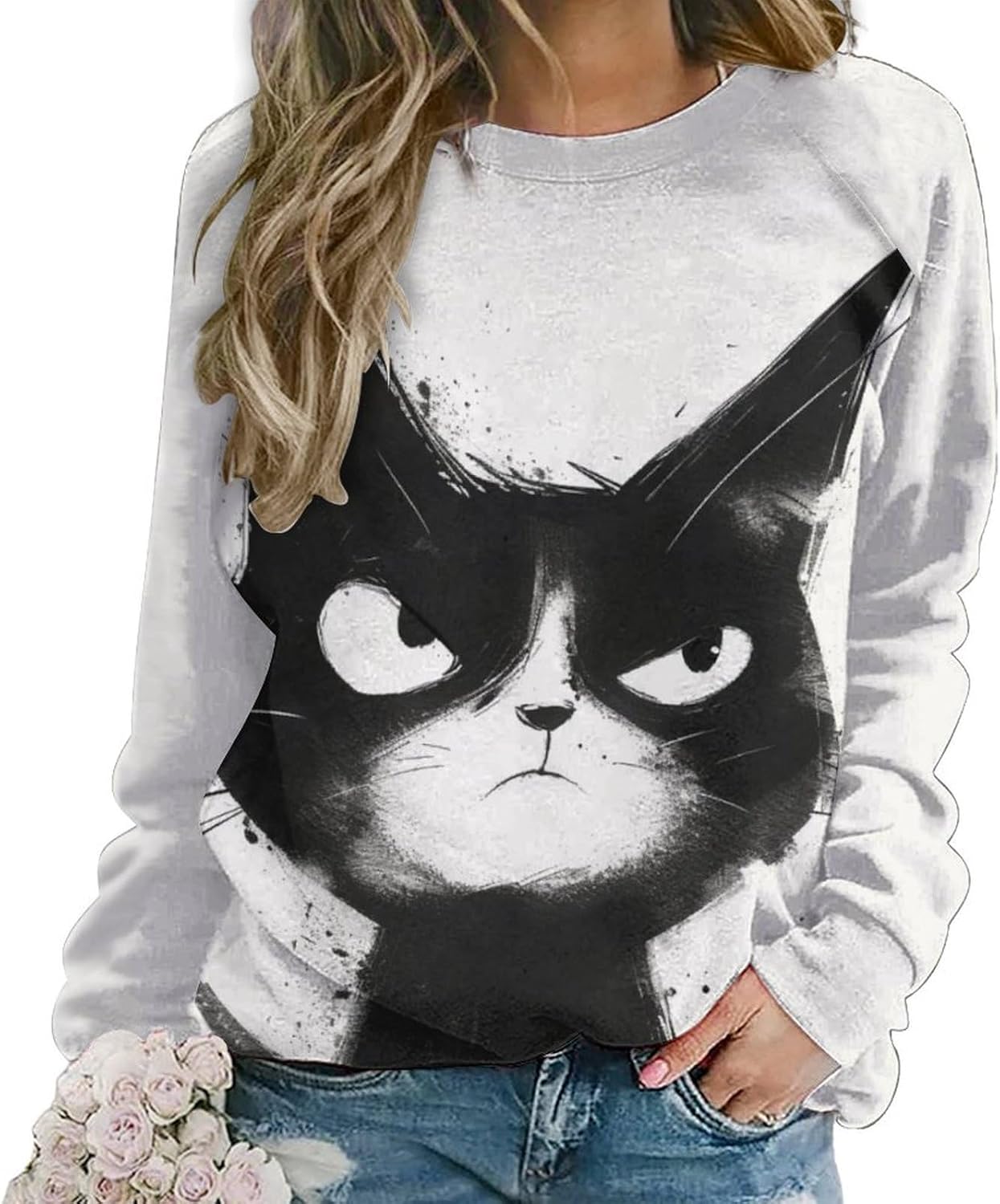 Long Sleeve Shirts for Women Cat Printed Fall Winter Dressy Holiday Casual Fashion Crewneck Tunic Tee Shirts