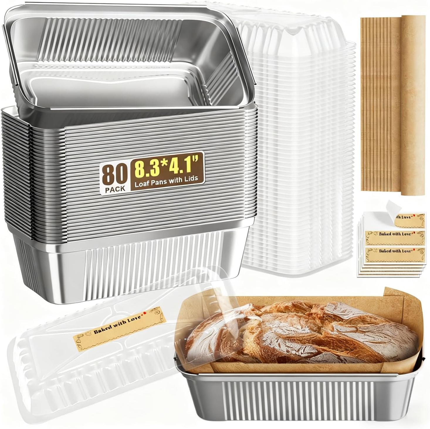 Gyreuni 80 Pack Aluminum Loaf Pans with Lids Stickers and Parchment Paper Sheets,2.4Lb Heavy Duty Aluminum Foil Premium Bread Tins - 8.3" X 4.1" X 2.2" Disposable Baking Pans