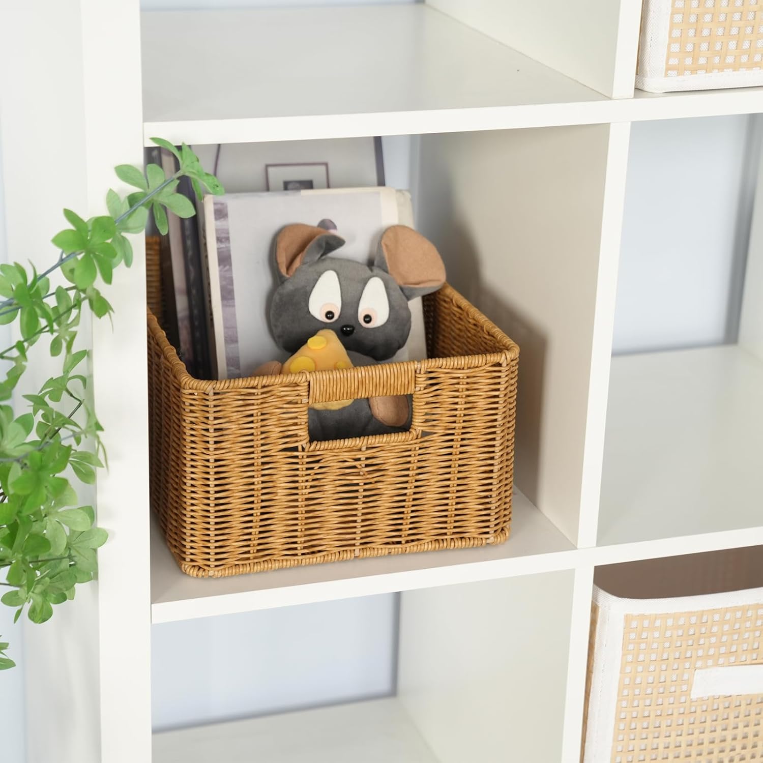 YRMT Rattan Storage Basket Pantry Basket with Built-in Handles Wicker Basket for Organizing Shelves Waterproof Woven Basket Nature (14"x10"x6.3")