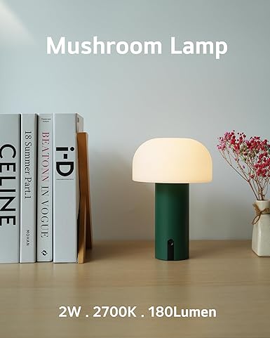 WEILAILUX Cordless Mushroom Table Lamp, Waterproof Shower Lamp, Battery Operated Table Lamp Rechargeable, Touch Dimmable Night Light for Bedroom/Patio/Camping/Dinning/Outdoor (Green) photo 2