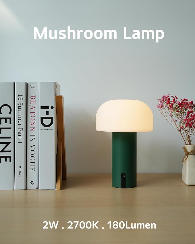 WEILAILUX Cordless Mushroom Table Lamp, Waterproof Shower Lamp, Battery Operated Table Lamp Rechargeable, Touch Dimmable Night Light for Bedroom/Patio/Camping/Dinning/Outdoor (Green) photo 2