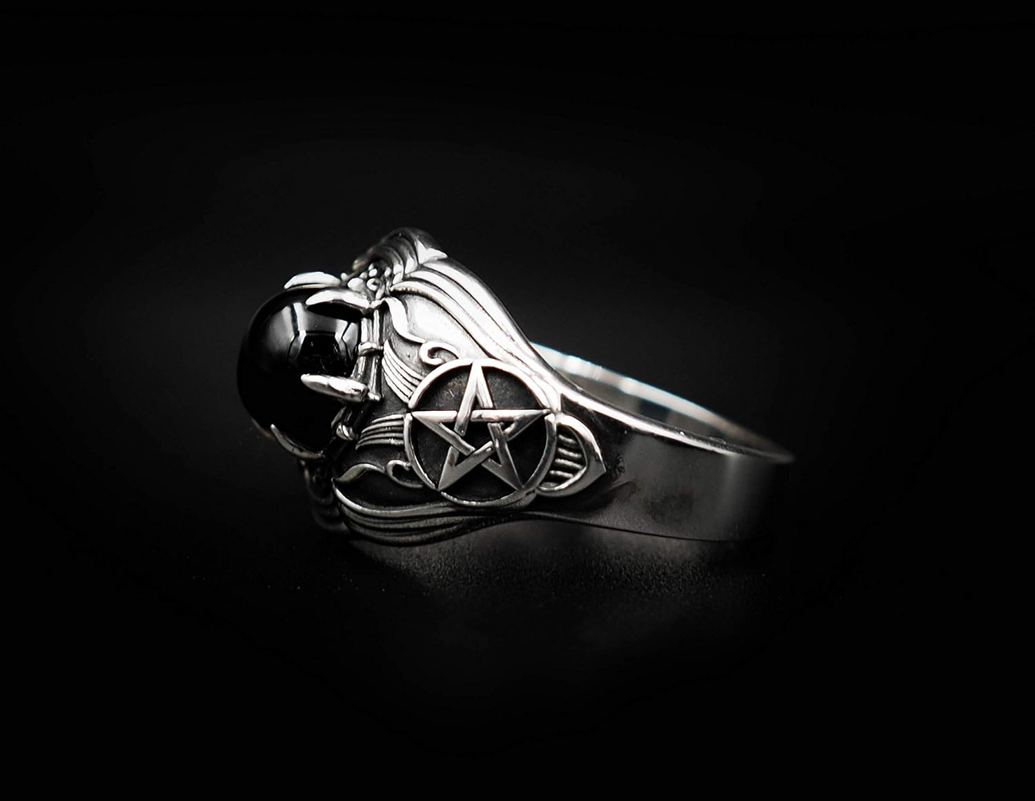 Onyx Pentagram Star Ring Tetragrammaton Pentagram Magic Seal of Solomon Ring 925 Sterling Silver Size 6-15