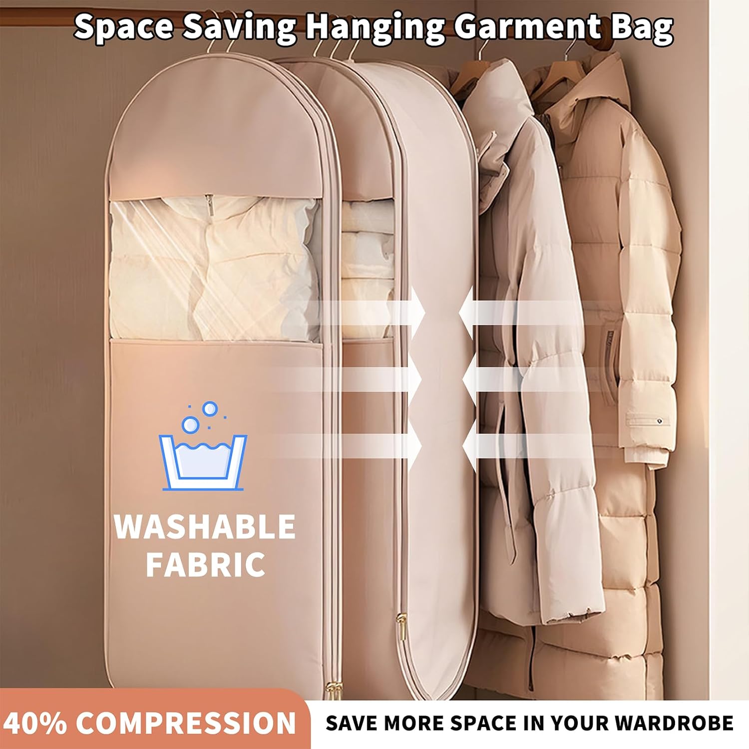 Space Saving Hanging Garment Bag with Self Compression Zipper, Space Saver Closet Organizers, Garment Bags for Hanging Clothes for Closet Storage (Beige, L-110 * 58 * 15cm)