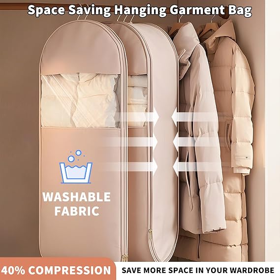 Space Saving Hanging Garment Bag with Self Compression Zipper, Space Saver Closet Organizers, Garment Bags for Hanging Clothes for Closet Storage (Beige, L-110 * 58 * 15cm)