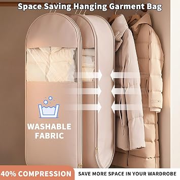 Space Saving Hanging Garment Bag with Self Compression Zipper, Space Saver Closet Organizers, Garment Bags for Hanging Clothes for Closet Storage (Beige, L-110 * 58 * 15cm)