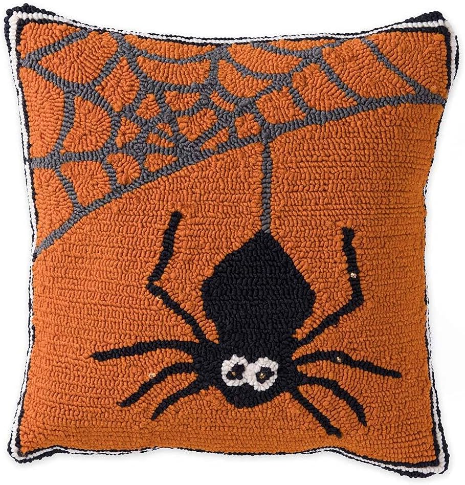 Plow & Hearth Indoor/Outdoor Lighted Halloween Spider Web Pillow, All-Weather Hooked Polypropylene with Poly-Canvas Back and Battery-Operated LED Lights, 18" sq.