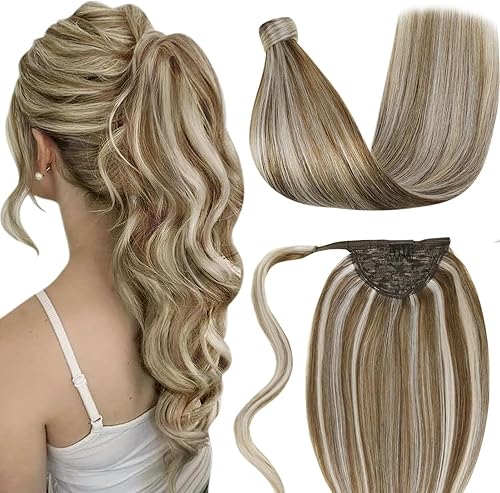 LaaVoo - Extensiones de cabello humano, con clip, 14 pulgadas, mezcla de rubio claro y marrón claro, extensiones de cola de caballo de cabello