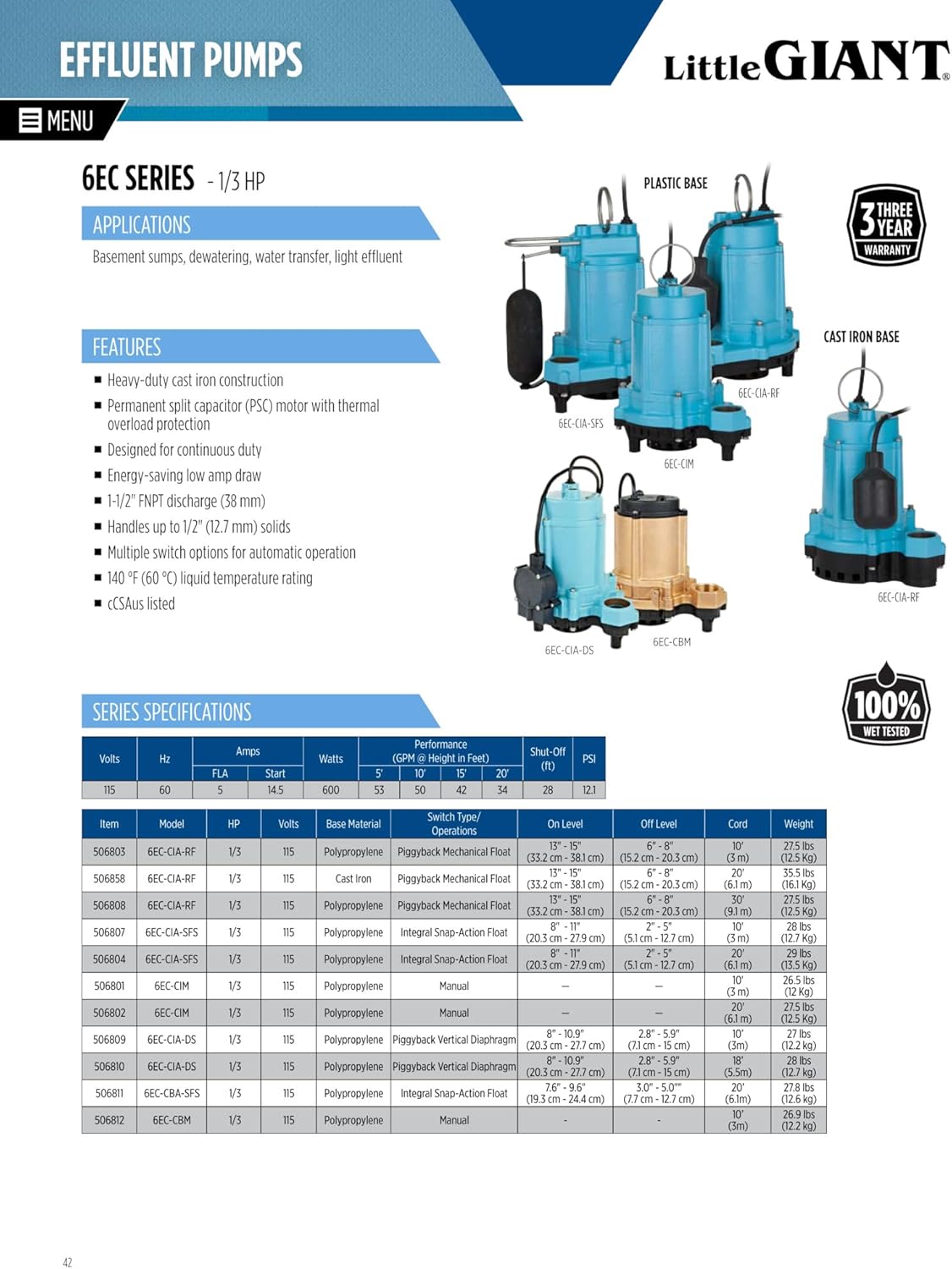 Little Giant 6EC-CBA-SFS 115 Volt, 1/3 HP, 3180 GPH, Automatic Epoxy Impregnated Cast Bronze Sump/Effluent Pump for Salty/Briny Water with Integral Snap-Action Switch, 20-Ft. Cord, Bronze, 506811