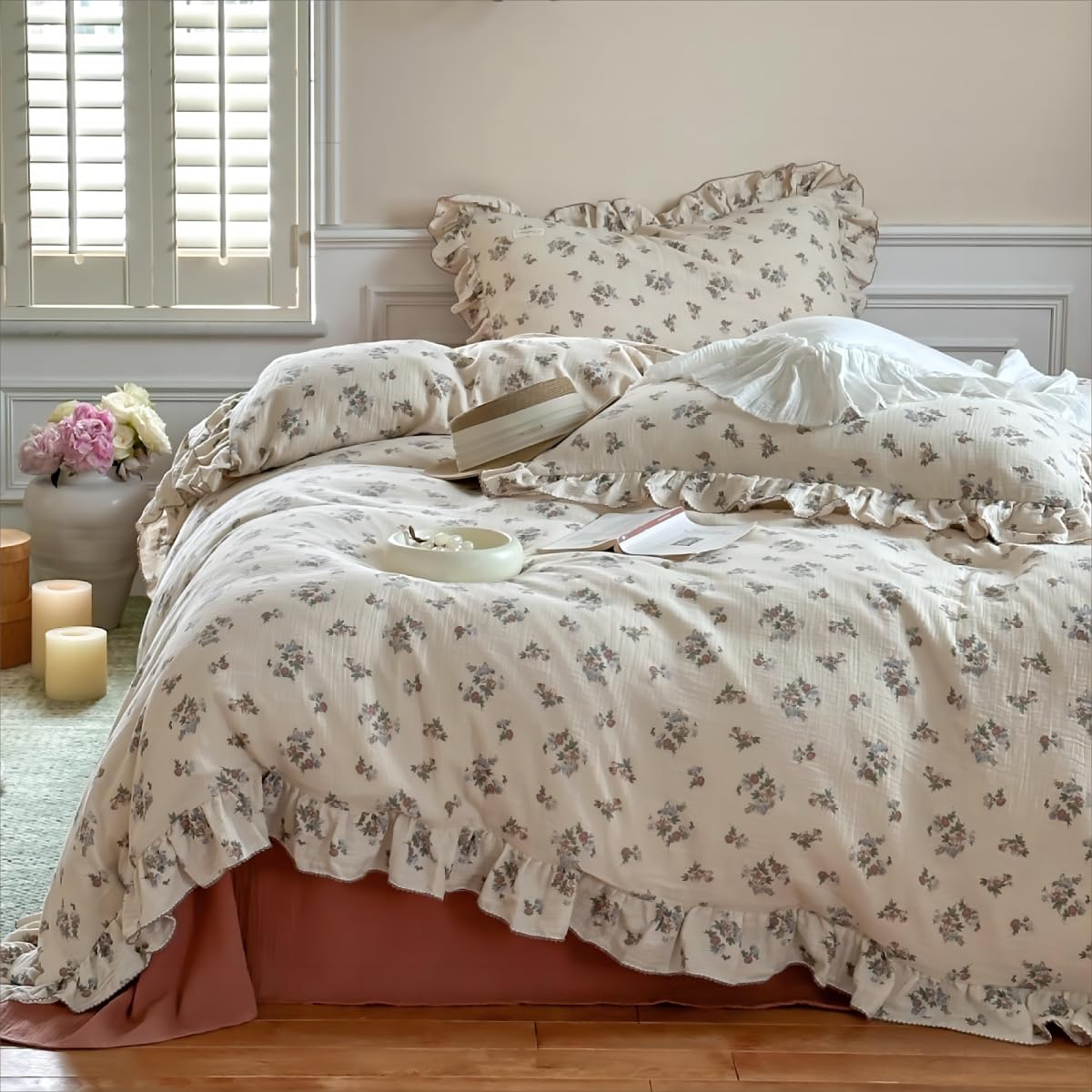 BuLuTu Chic Shabby Vintage Floral Duvet Cover Twin for Kids Girls Boys 100% Cotton Muslin Ruffled Quilt Cover Twin Comforter, 68"x86", Soft Breathable