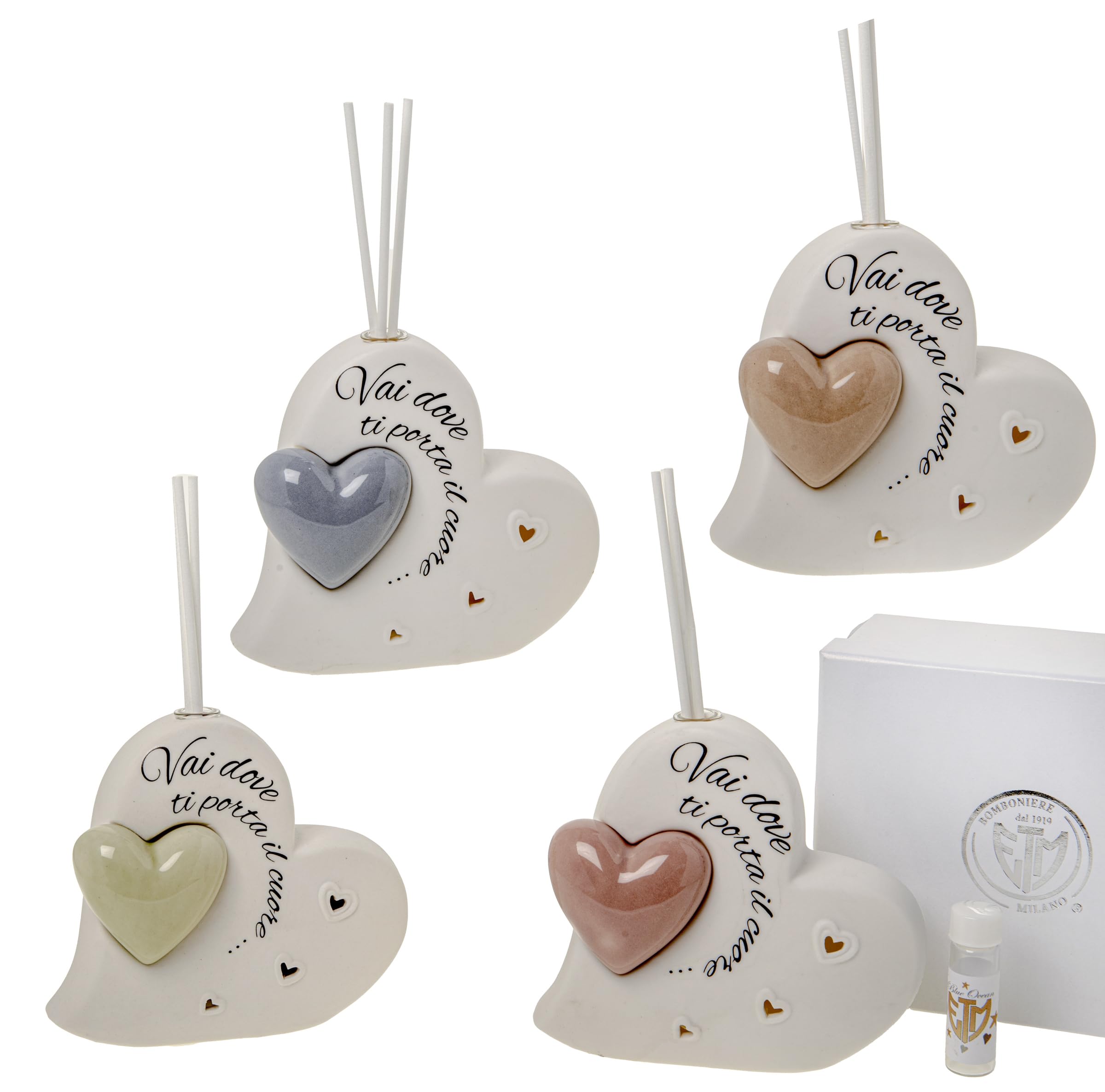 Doni Bomboniere Matrimonio 4PZ Diffusore Essenza A Forma di Profumatore Cuore Amore Originali Collezione Anniversario Vai Lampada Notturna con Frase Va Dove Ti Porta Il Idee Regalo Complete