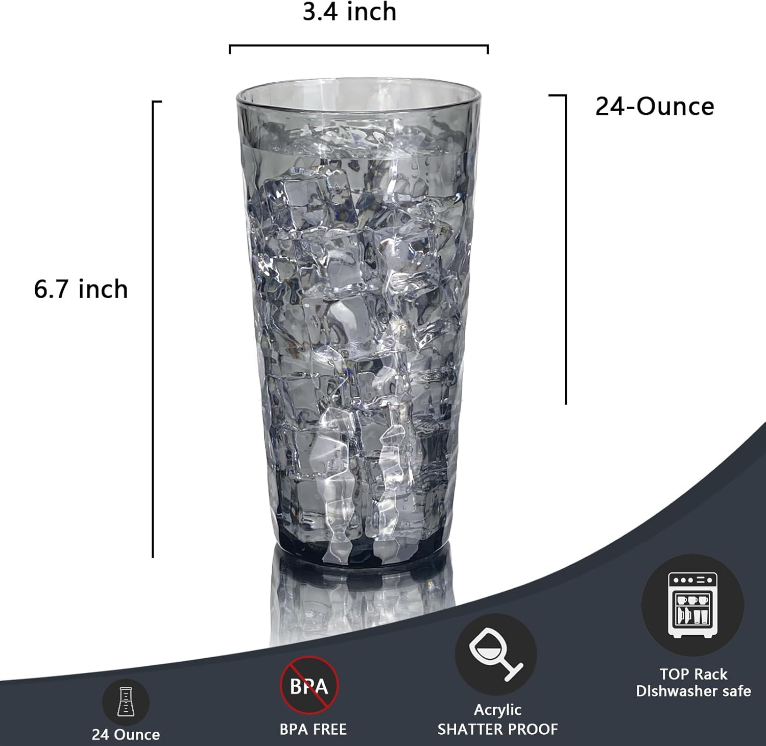 Yalin 24-Ounce Plastic Tumbler Acrylic Drinking Glasses, Reusable Plastic Cups, Stackable, BPA-Free, Shatter Proof, Dishwasher Safe, Set of 8 (Gray) - Image 4