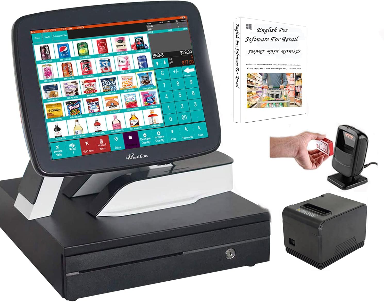 MEETSUN Cash Register POS with 15" Touch Screen, 11.6" Customer Display,Thermal Receipt Printer, Cash Drawer for Retail Stores SET01