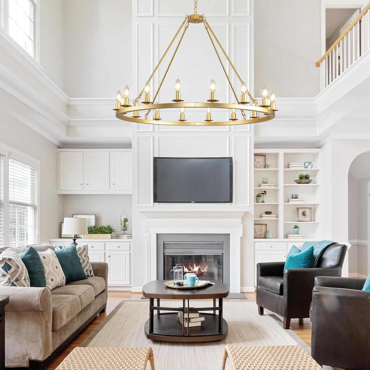 Large Gold Wagon Wheel Chandelier 40-Inch 16-Light,Extra Large Round Rustic Farmhouse Chandelier Metal Circle Chandeliers for Dining Room Living Room High Ceilings