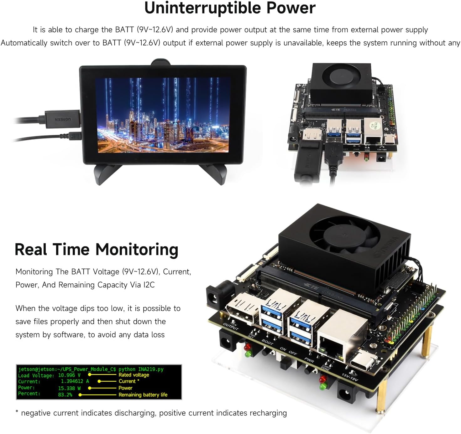 Waveshare Uninterruptible Power Supply UPS Module, Compatible with, Jetson Orin, Supports 21700 Li BAT (NOT Included), Pogo Pins Connector, Supports Charging and Power Output at The Same Time
